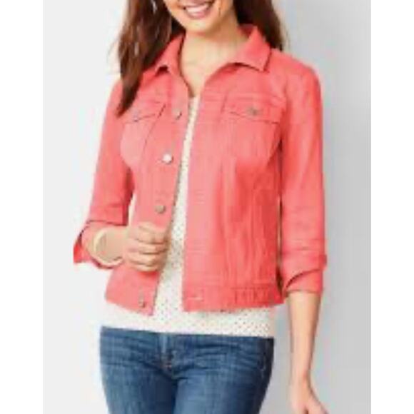 Talbots Jean Jacket Womens Petite XL XLp Coral Pink Denim Button Up Coastal - Picture 2 of 8